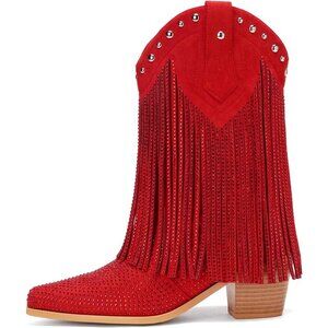 Women's Red Rhinestone Fringe Cowgirl Ankle Boots Sparkly Western Cowboy Boot